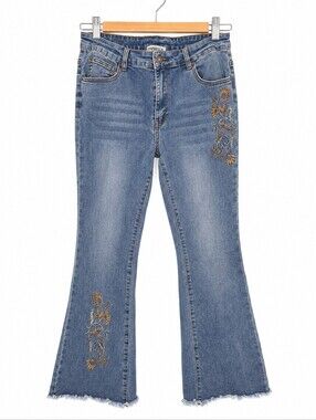 Marbella Embroidered Flare Jeans Size 12 | Boho Floral Stretch Denim
